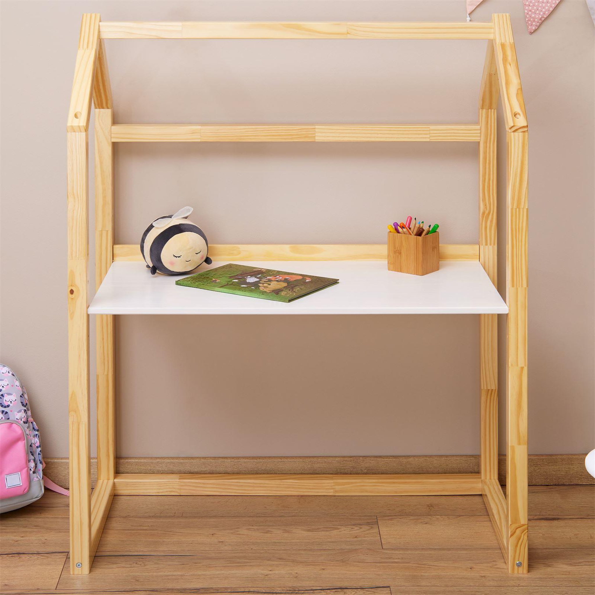 Voir la diapositive 3 : IDIMEX Bureau enfant évolutif TINA en forme de maison, en pin massif