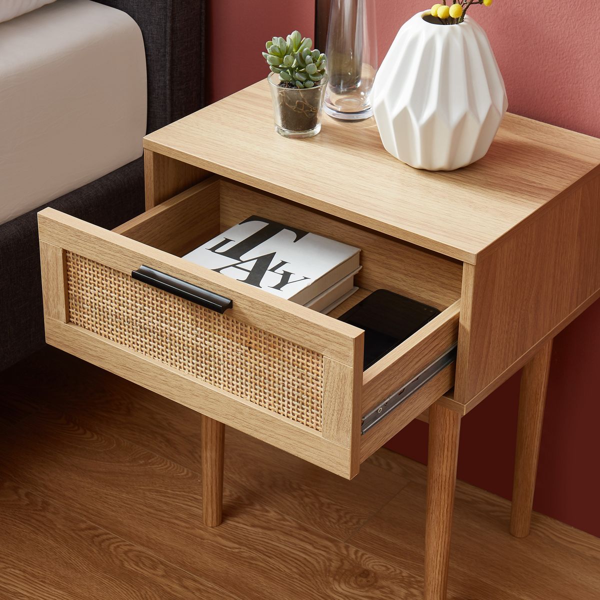 Table de chevet cannage 1 tiroir pieds bois massif L40cm AMANDINE