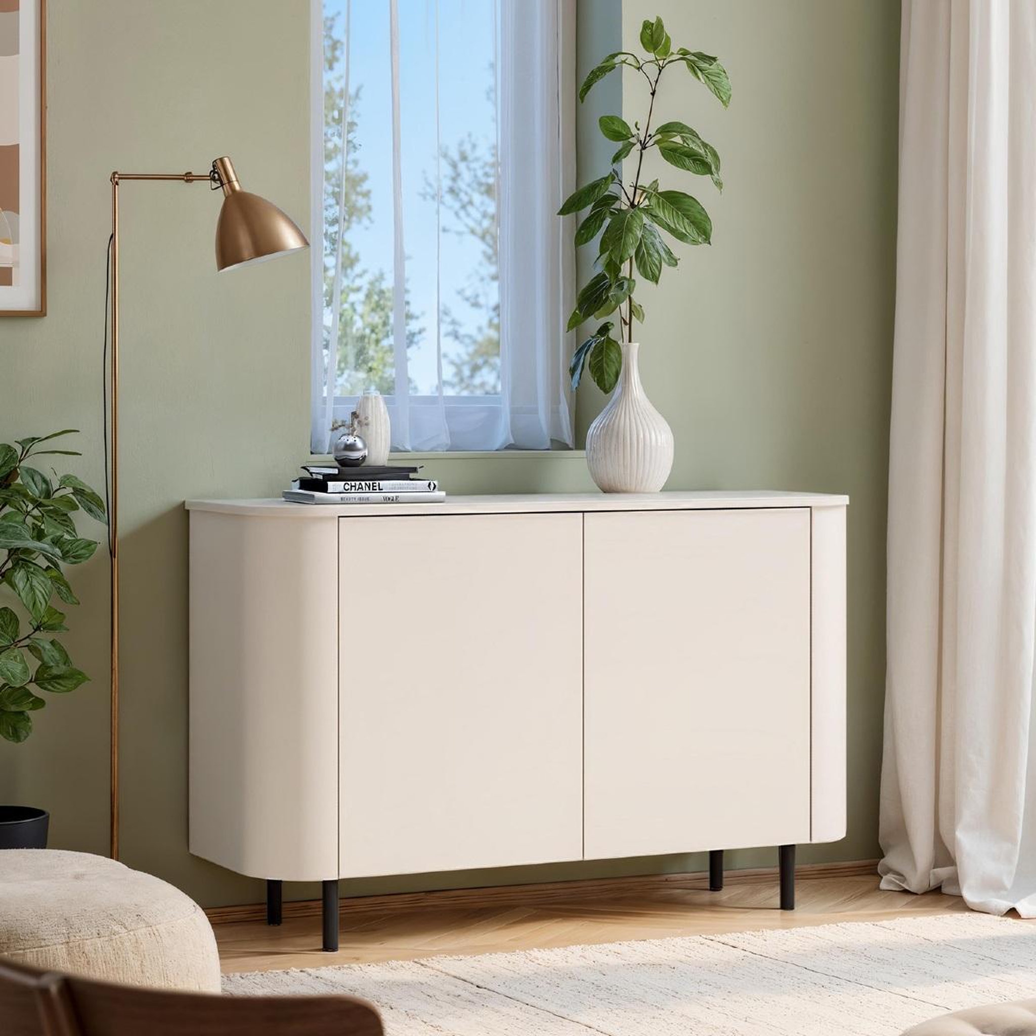 Voir la diapositive 2 : JLC KREATION Meuble de rangement arrondi beige 2 portes 130cm olga