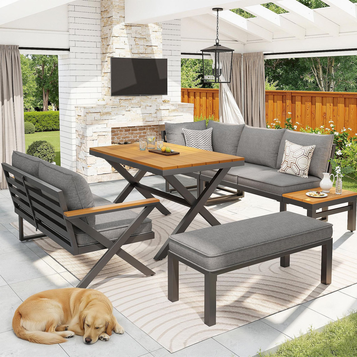 MERAX Salon de jardin modulaire 7 places en fer avec coussins de 10 cm et tables en bois