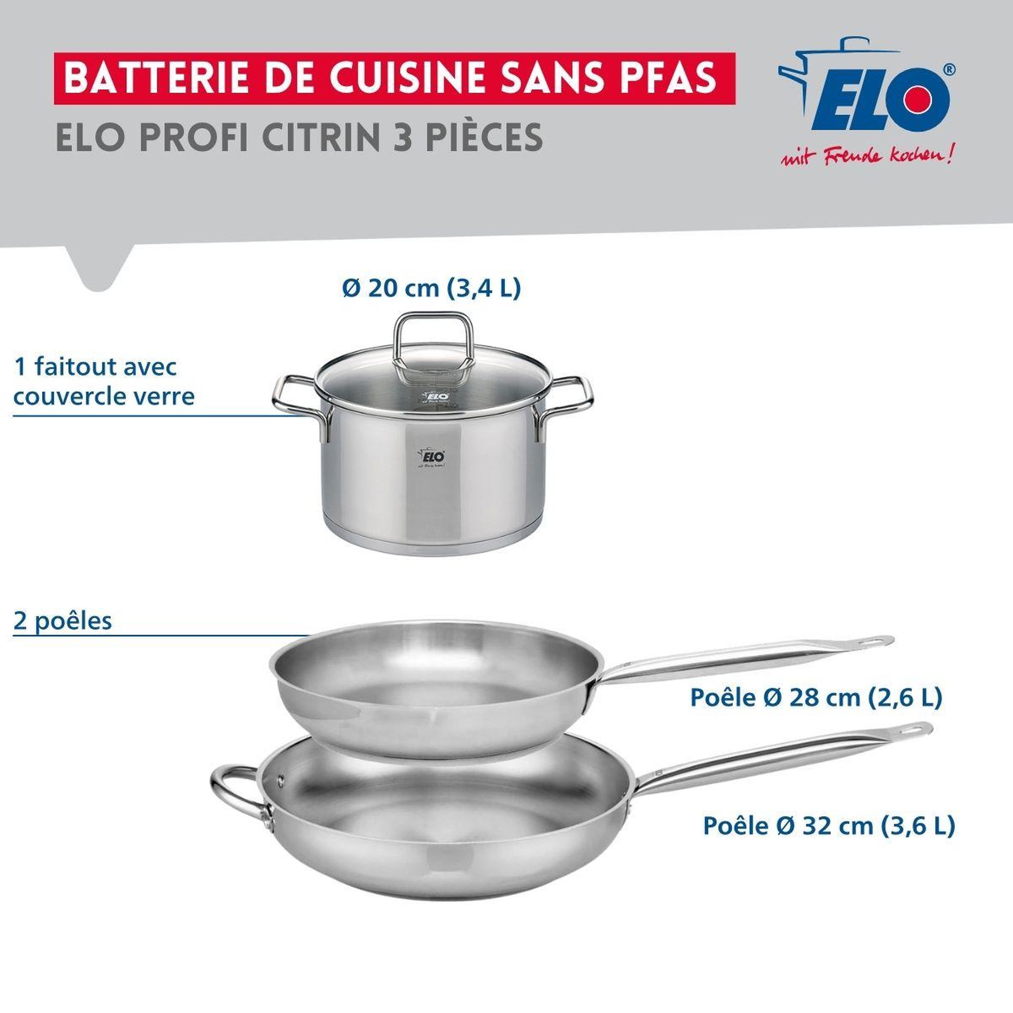 Voir la diapositive 2 : ELO Ensemble de 2 poêles de cuisson 28 et 32 cm et 1 faitout 20 cm elo profi citrin