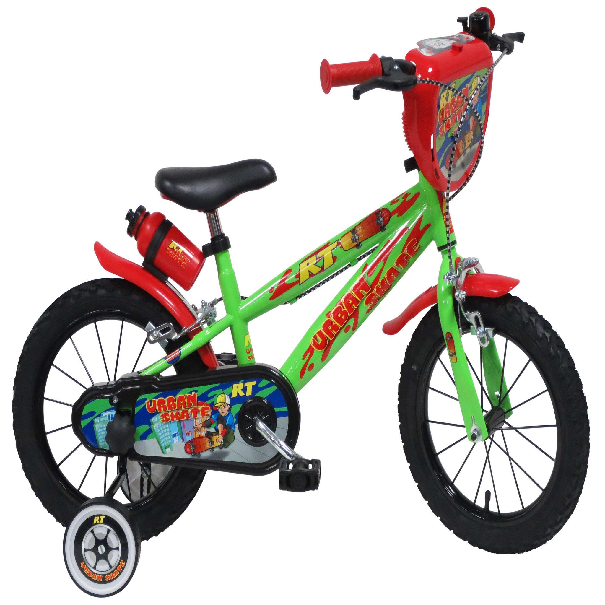 Vélo enfant 14'' - Modèle Urban Skate pour enfant de 95 à 110 cm avec stabilisateurs - Plaque décorative avant - Porte bidon & Bidon - 2 freins & Roues gonflables