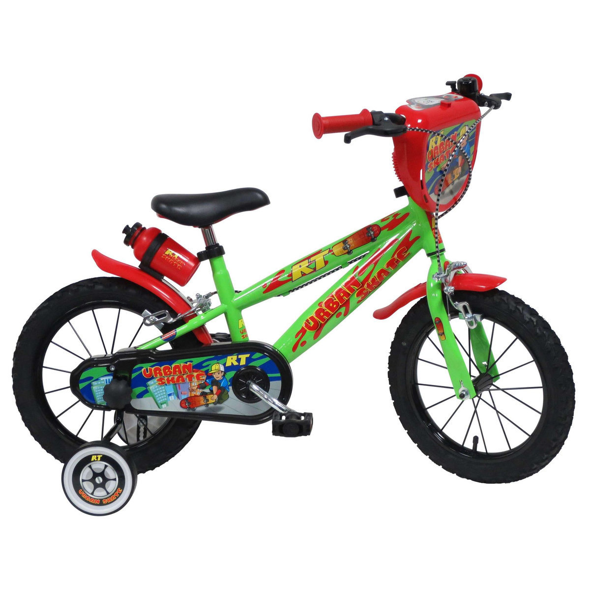 Vélo enfant 14'' - Modèle Urban Skate pour enfant de 95 à 110 cm avec stabilisateurs - Plaque décorative avant - Porte bidon & Bidon - 2 freins & Roues gonflables