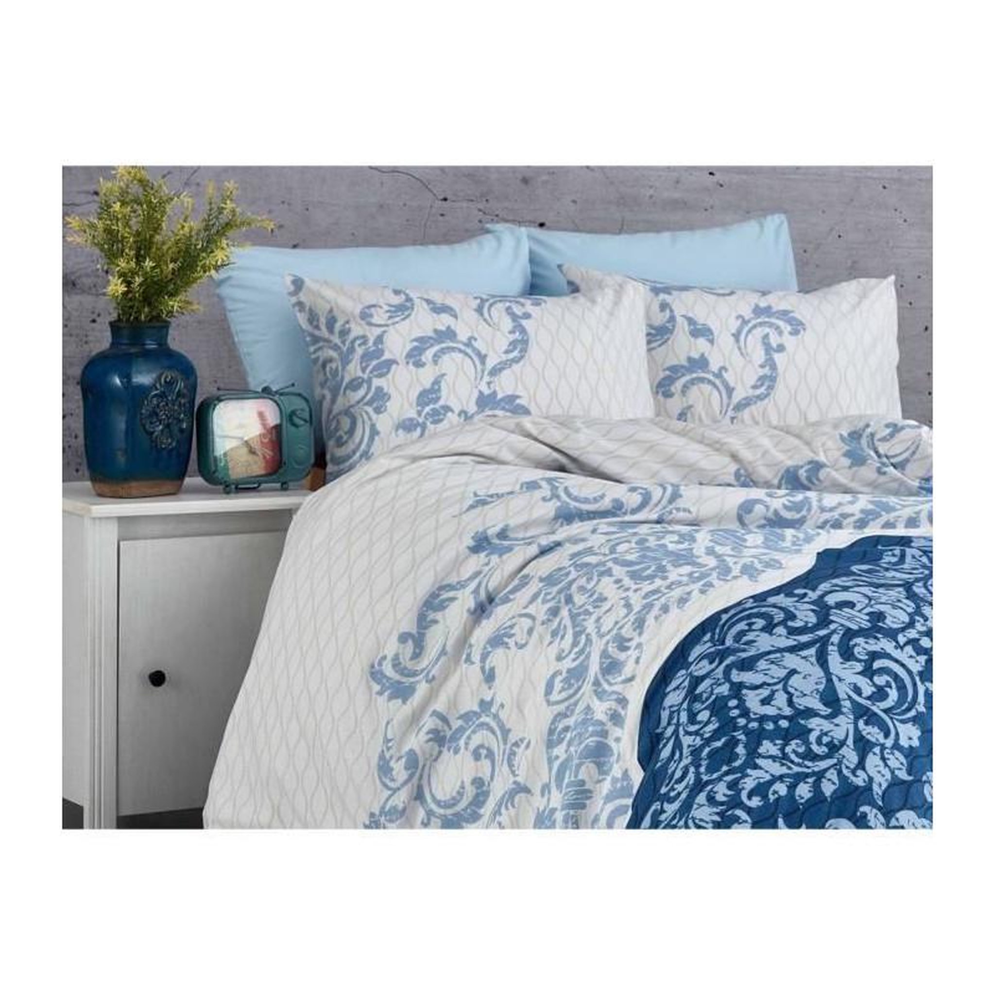 Voir la diapositive 3 : GENERIQUE Parure de lit - 1 housse de couette 220 x 240 cm + 2 taies d'oreiller 60 x 60 cm - 100% coton renforcé - Bleu