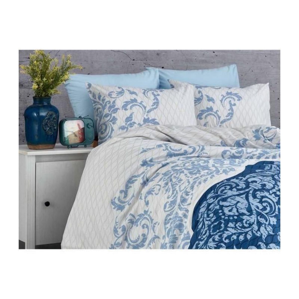 GENERIQUE Parure de lit - 1 housse de couette 220 x 240 cm + 2 taies d'oreiller 60 x 60 cm - 100% coton renforcé - Bleu