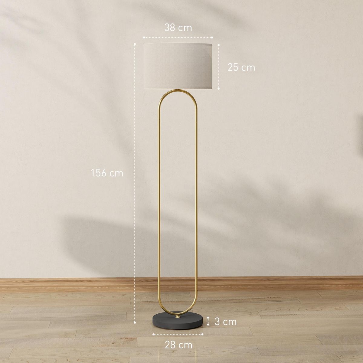 HOMCOM Lampadaire design néo-rétro H.156 cm structure mât métal doré arrondi abat-jour tissu lin