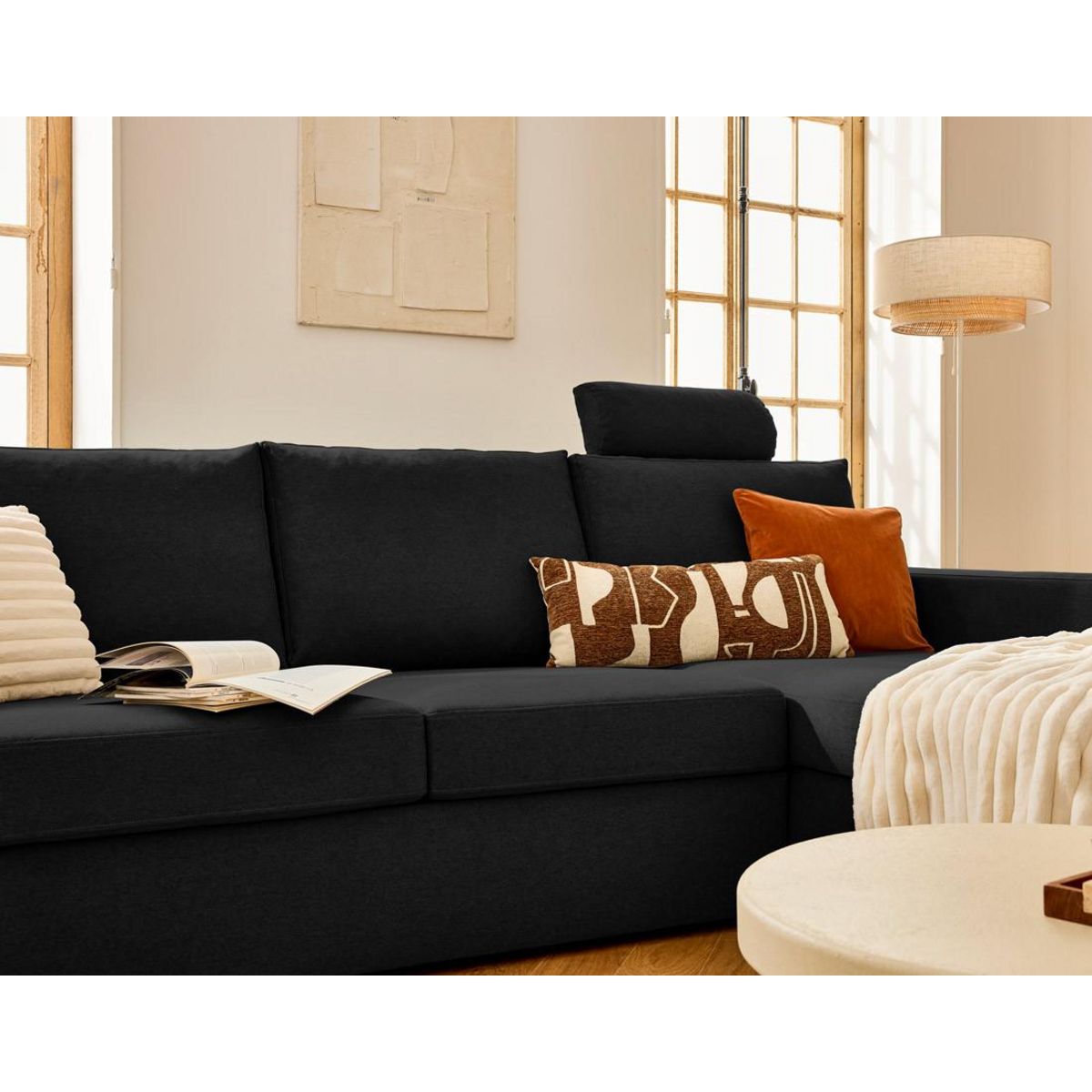 BEST MOBILIER Barrie - canapé d'angle réversible 4 places avec têtière amovible en tissu