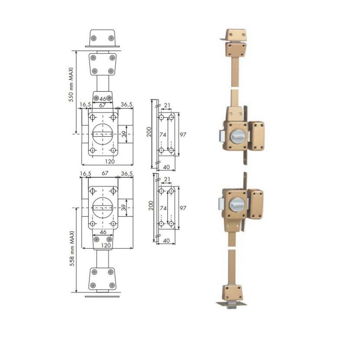 ISEO Verrou 4 points Zenith 1550 haut et bas à bouton cylindre de 45mm droit ISEO 15500451.5