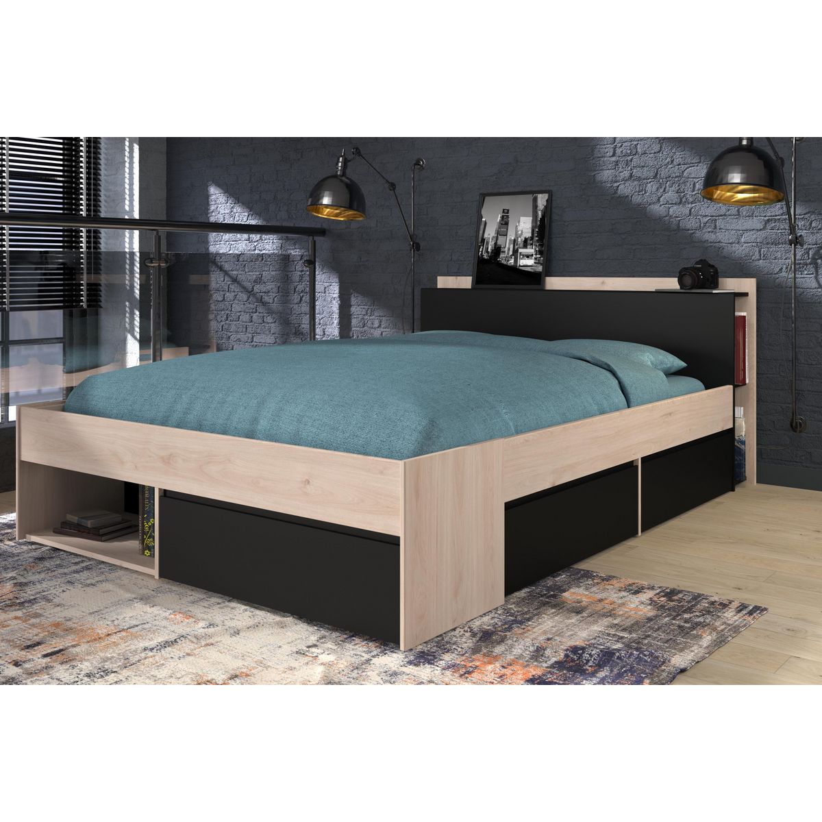 Lit double adulte 160x200 cm avec rangements BOOST
