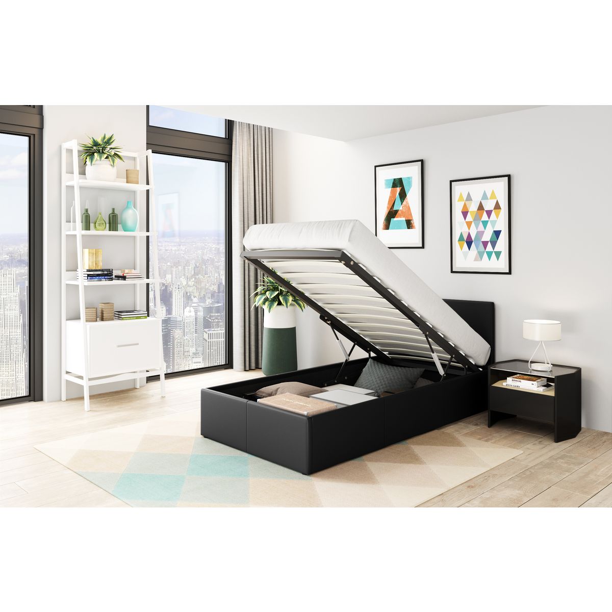 Ensemble matelas 90x190cm + Lit coffre 90x190cm sommier inclus avec tête de lit WILLOW noir