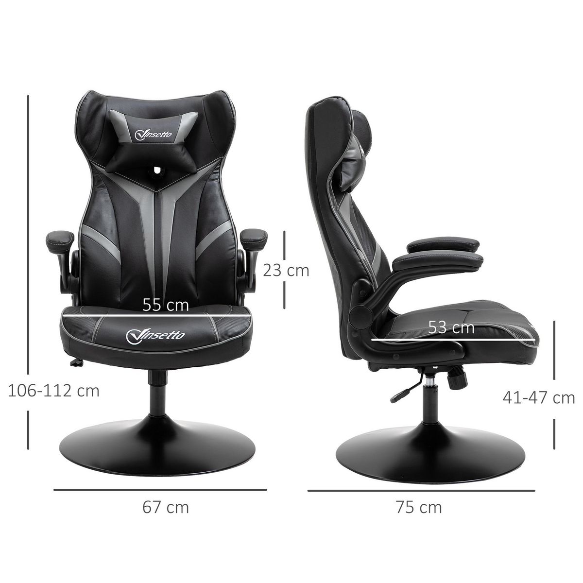 VINSETTO Fauteuil gaming base ronde métal pivotante 360° hauteur réglable tétière accoudoirs relevables PVC gris noir