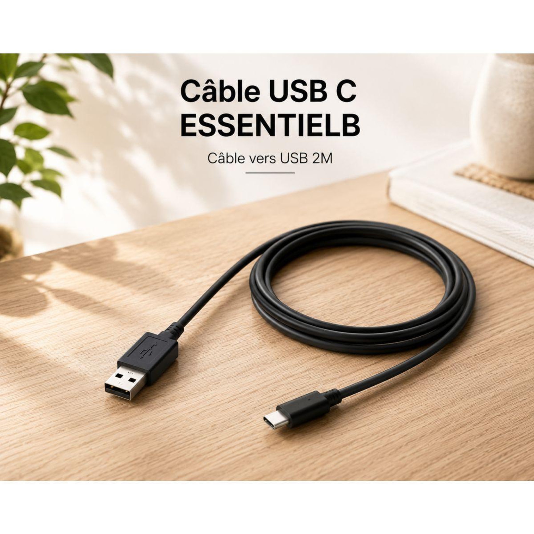 ESSENTIEL B Câble usb c câble vers usb 2m noir compatible iphone 17 16 15 pro max, samsung galaxy s25 s24 ultra