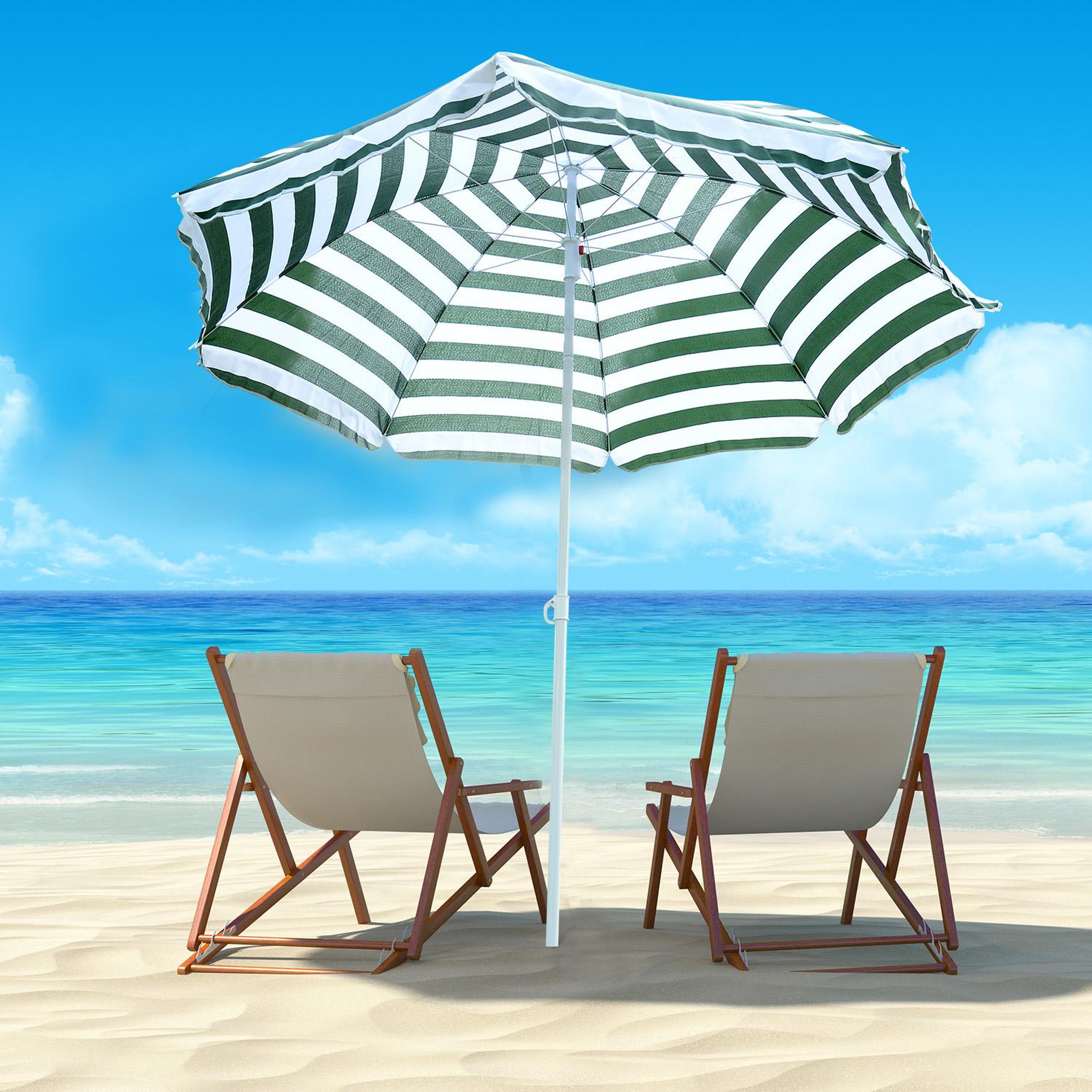 Voir la diapositive 2 : OUTSUNNY Parasol inclinable octogonal de plage Ø 180 cm tissu polyester haute densité anti-UV mât démontable vert blanc rayé