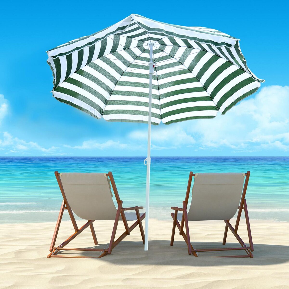 OUTSUNNY Parasol inclinable octogonal de plage Ø 180 cm tissu polyester haute densité anti-UV mât démontable vert blanc rayé