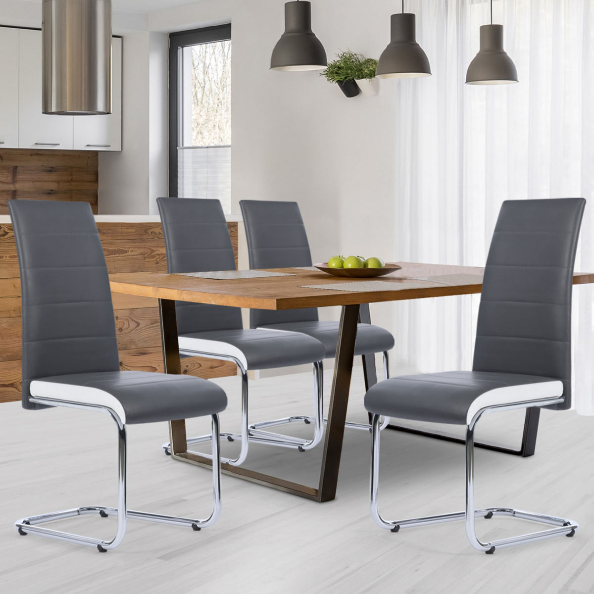 ID MARKET Lot de 4 chaises MIA grises liseré blanc pour salle à manger