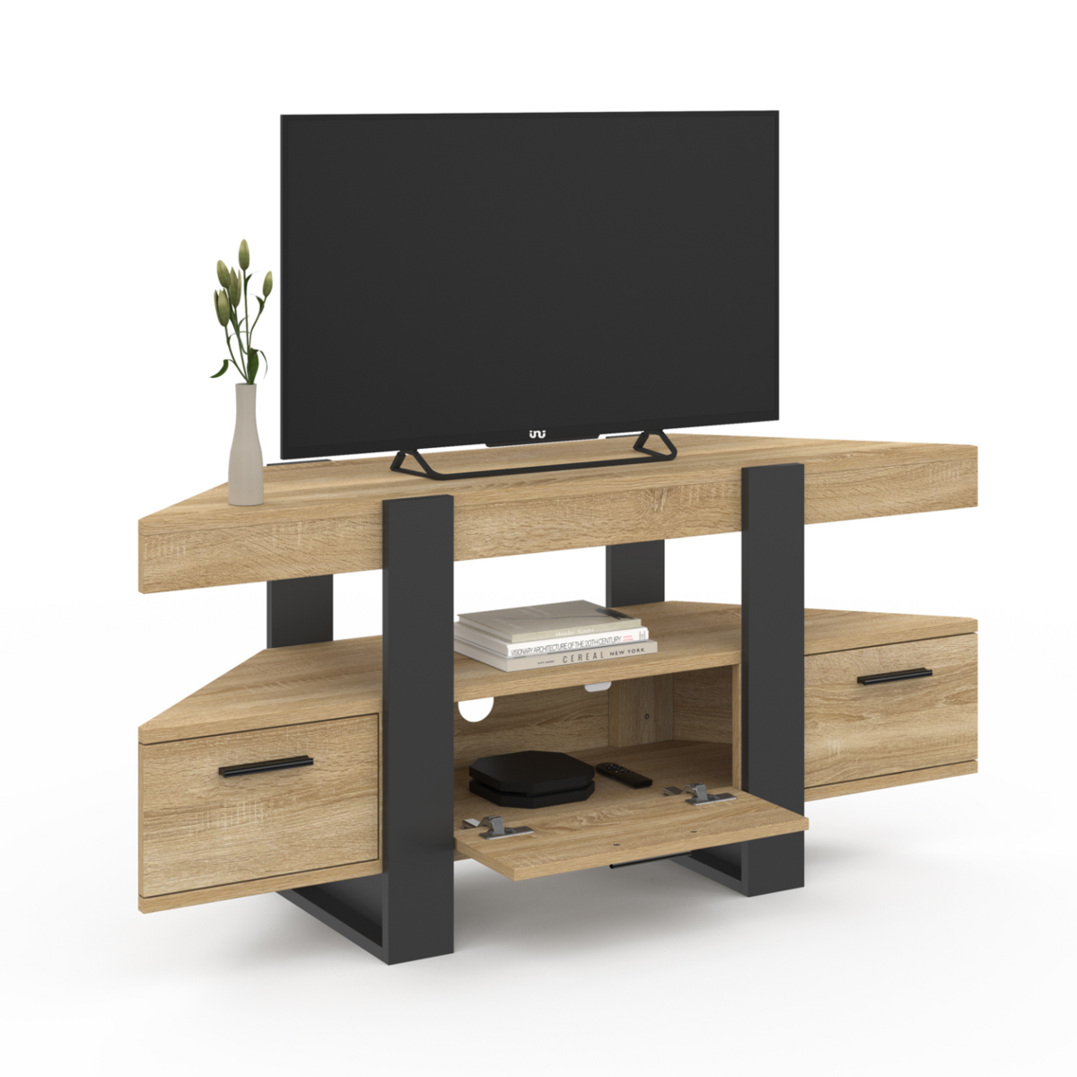 ID MARKET Meuble TV 110 cm d'angle PHOENIX avec tiroir bois et noir