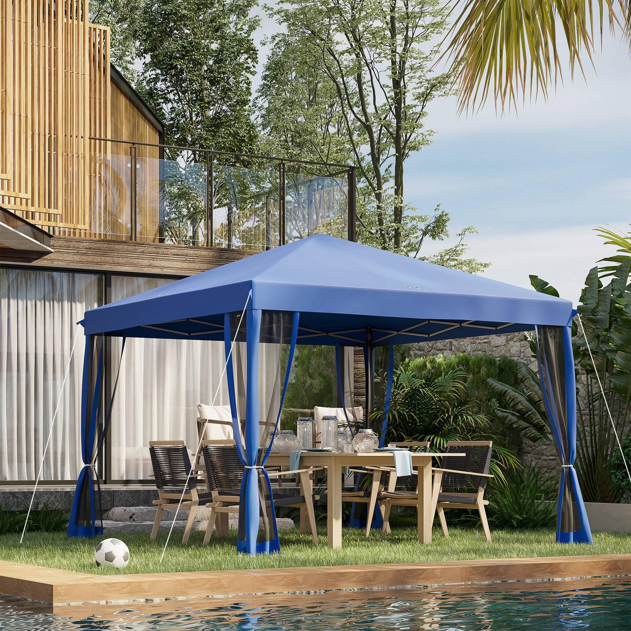 Voir la diapositive 2 : OUTSUNNY Tonnelle barnum pliant style colonial 2,95L x 2,95l x 2,6H m 4 moustiquaires + sac de transport bleu