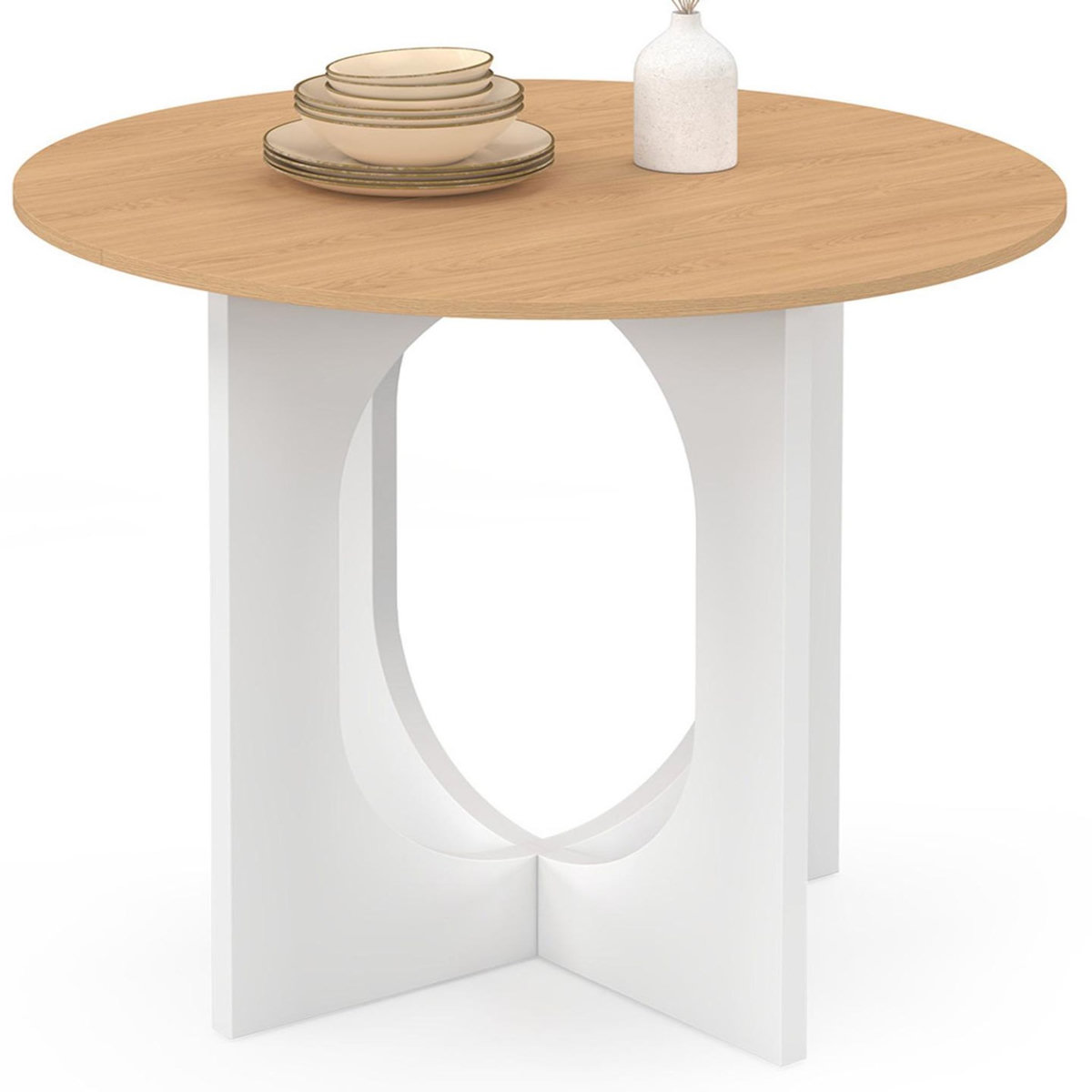 ID MARKET Table à manger fixe ronde ALOISE 4 personnes pied arc blanc et bois 80 cm