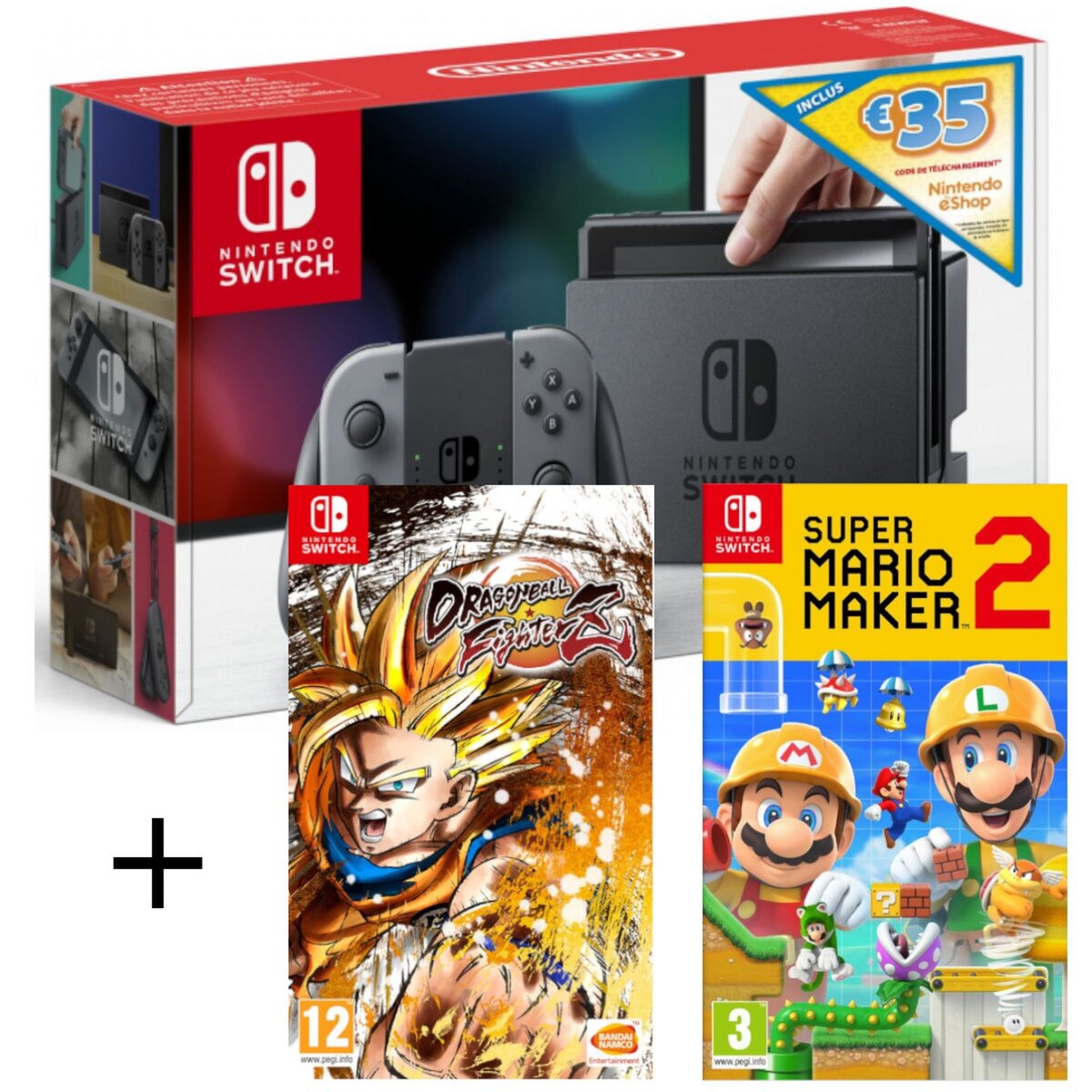NINTENDO Console Nintendo Switch Joy-Con Gris Edition Limitée + Dragon Ball FighterZ + Super Mario Maker 2