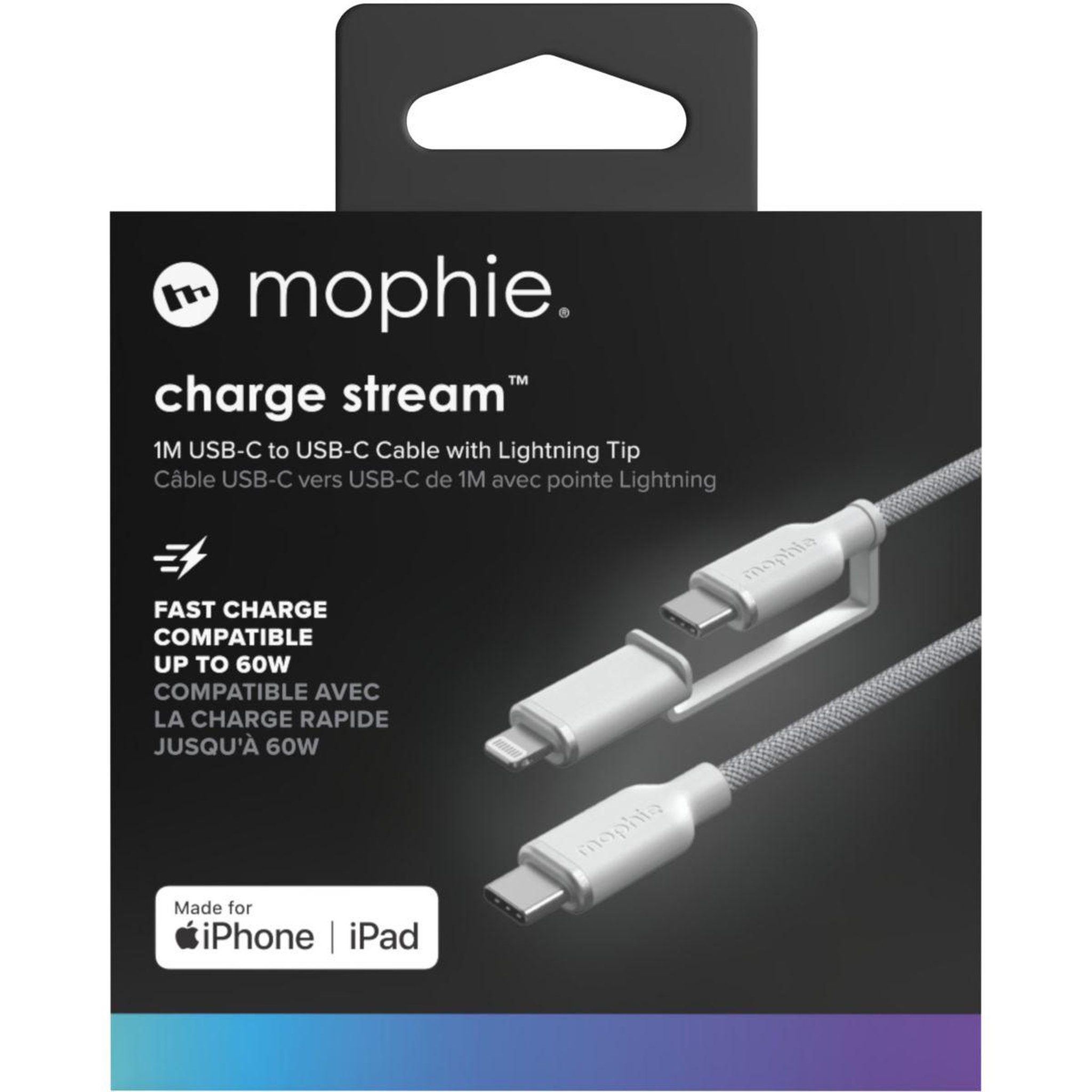 Voir la diapositive 1 : Mophie Câble de charge usb-c + ligthning 1m blanc chargestream