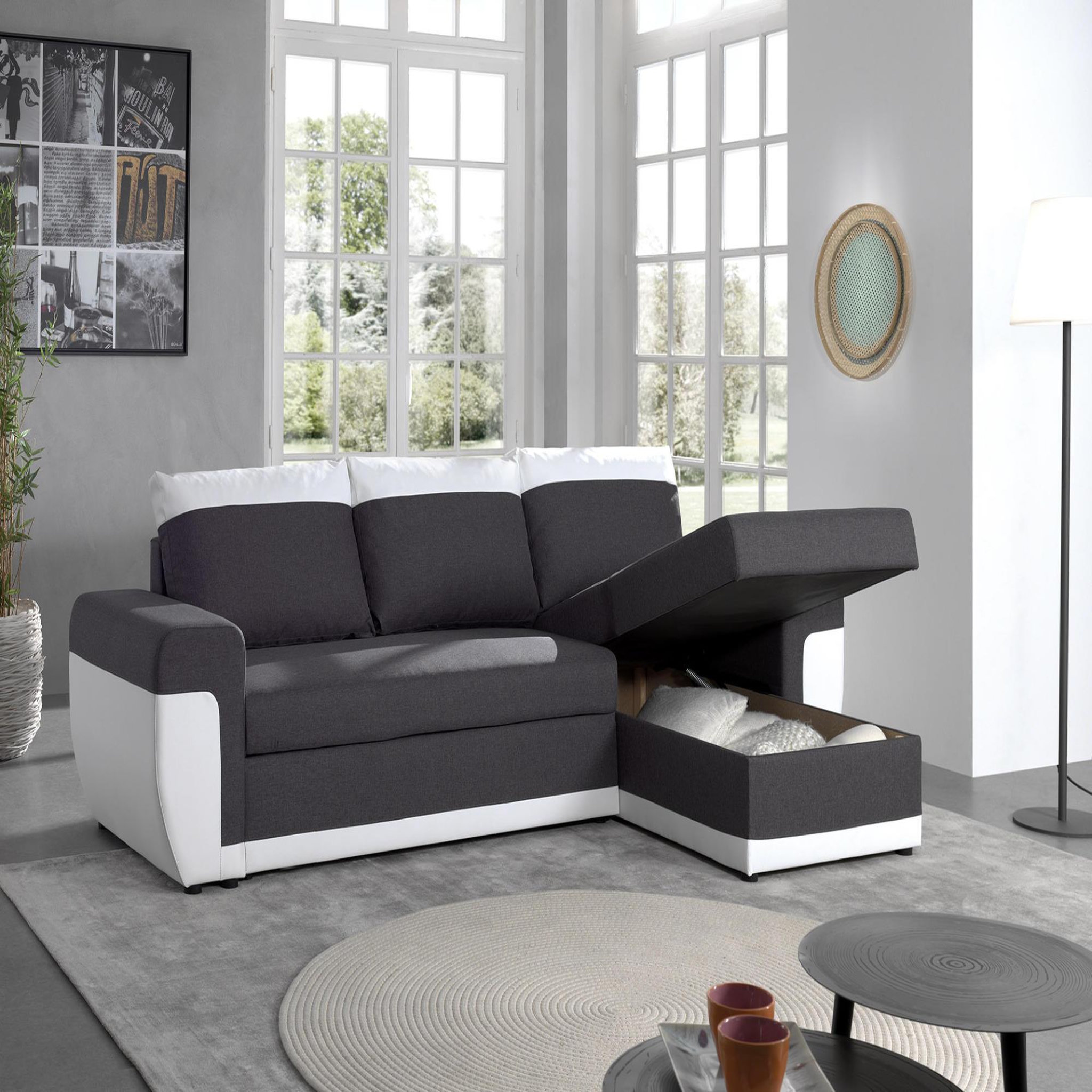 Voir la diapositive 4 : BEST MOBILIER Milan - canapé d'angle réversible - 4 places - convertible avec coffre - en simili et tissu