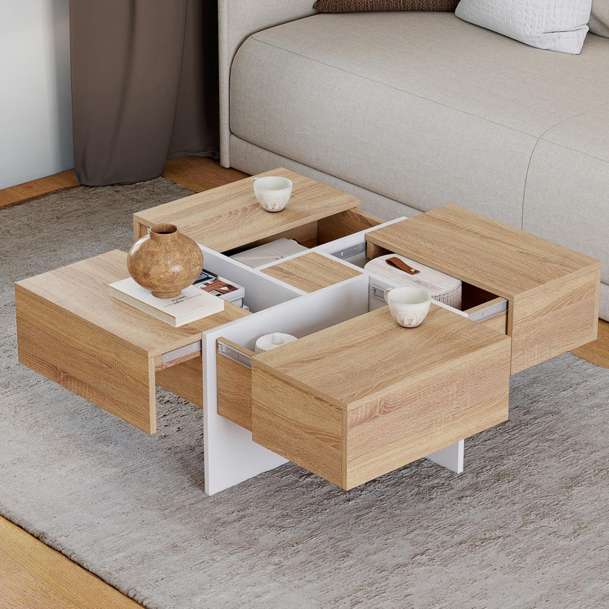 Voir la diapositive 2 : ID MARKET Table basse carrée talia 70 cm avec tiroirs bois et blanc