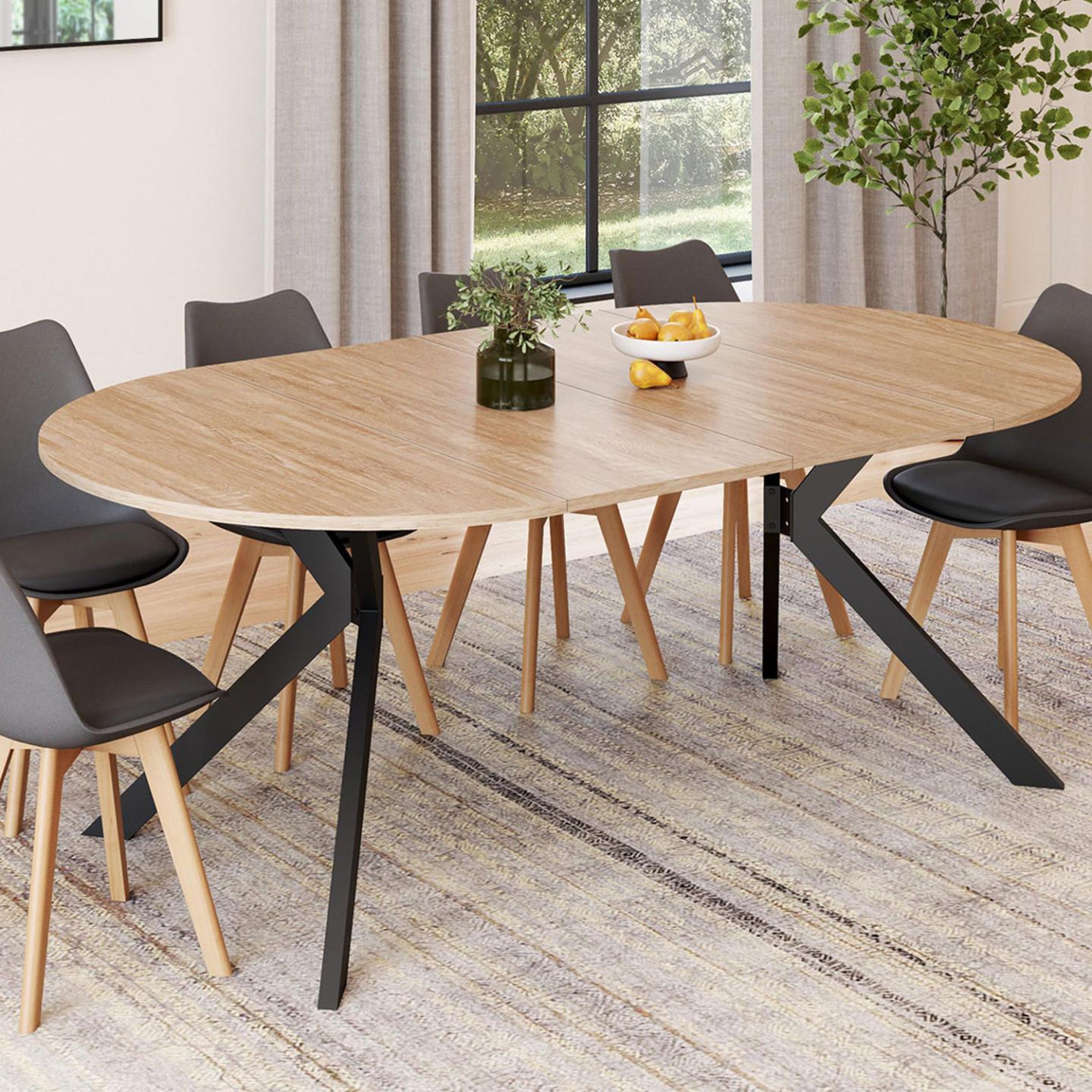 Voir la diapositive 2 : ID MARKET Table à manger extensible ronde alix 4-10 personnes pied araignée bois et noir 110-200 cm