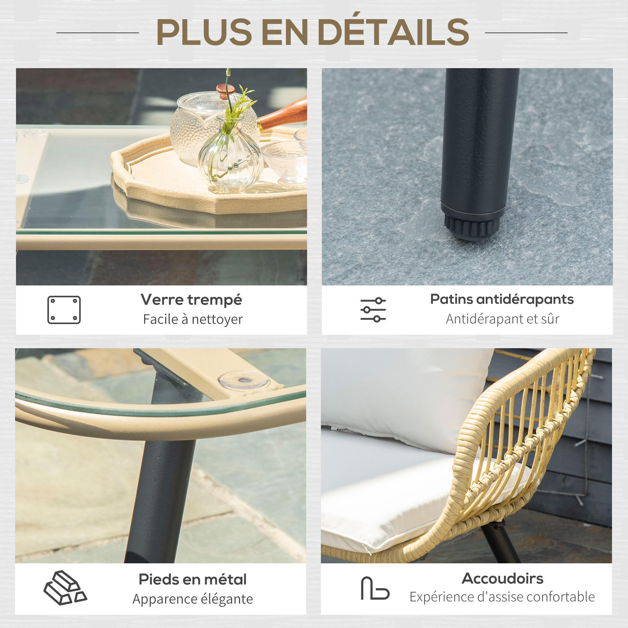 Voir la diapositive 6 : OUTSUNNY Salon de jardin 4 pers. 4 pièces style exotique métal époxy noir résine imitation bambou coussins grand confort inclus polyester beige