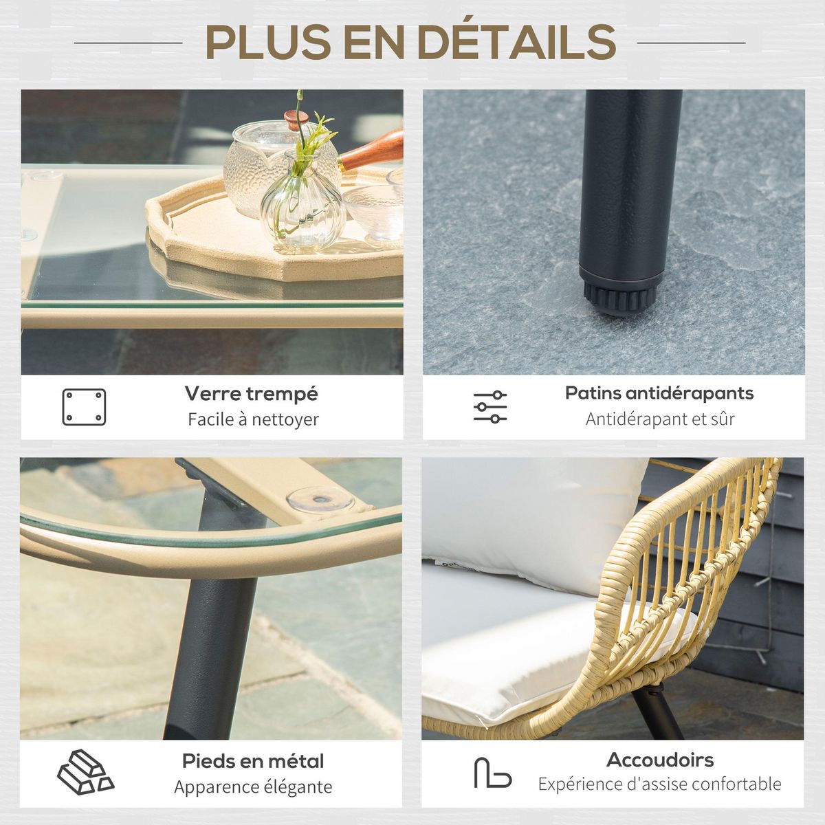 OUTSUNNY Salon de jardin 4 pers. 4 pièces style exotique métal époxy noir résine imitation bambou coussins grand confort inclus polyester beige