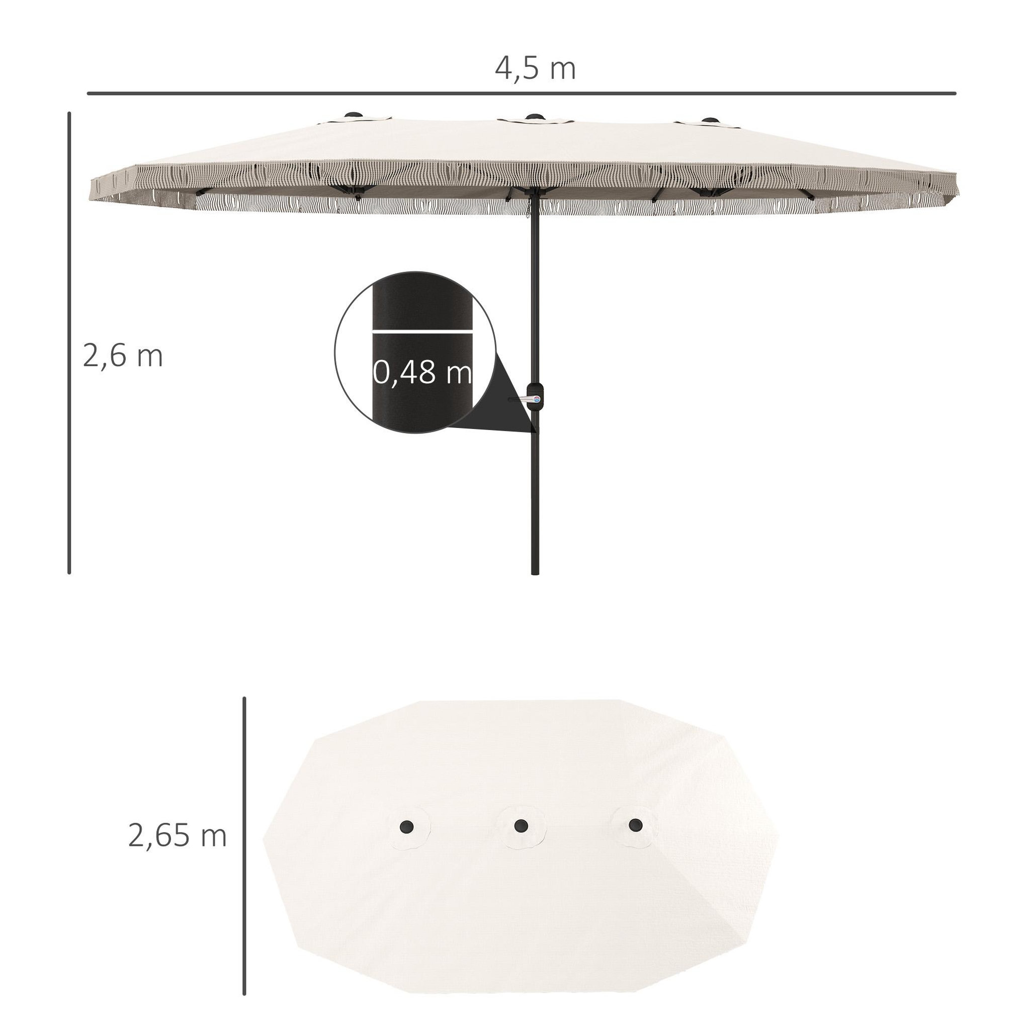 Voir la diapositive 3 : OUTSUNNY Parasol style bohème à franges XXL dim. 4,5 x 2,65 x 2,6 m ouverture fermeture manivelle métal tissu beige clair