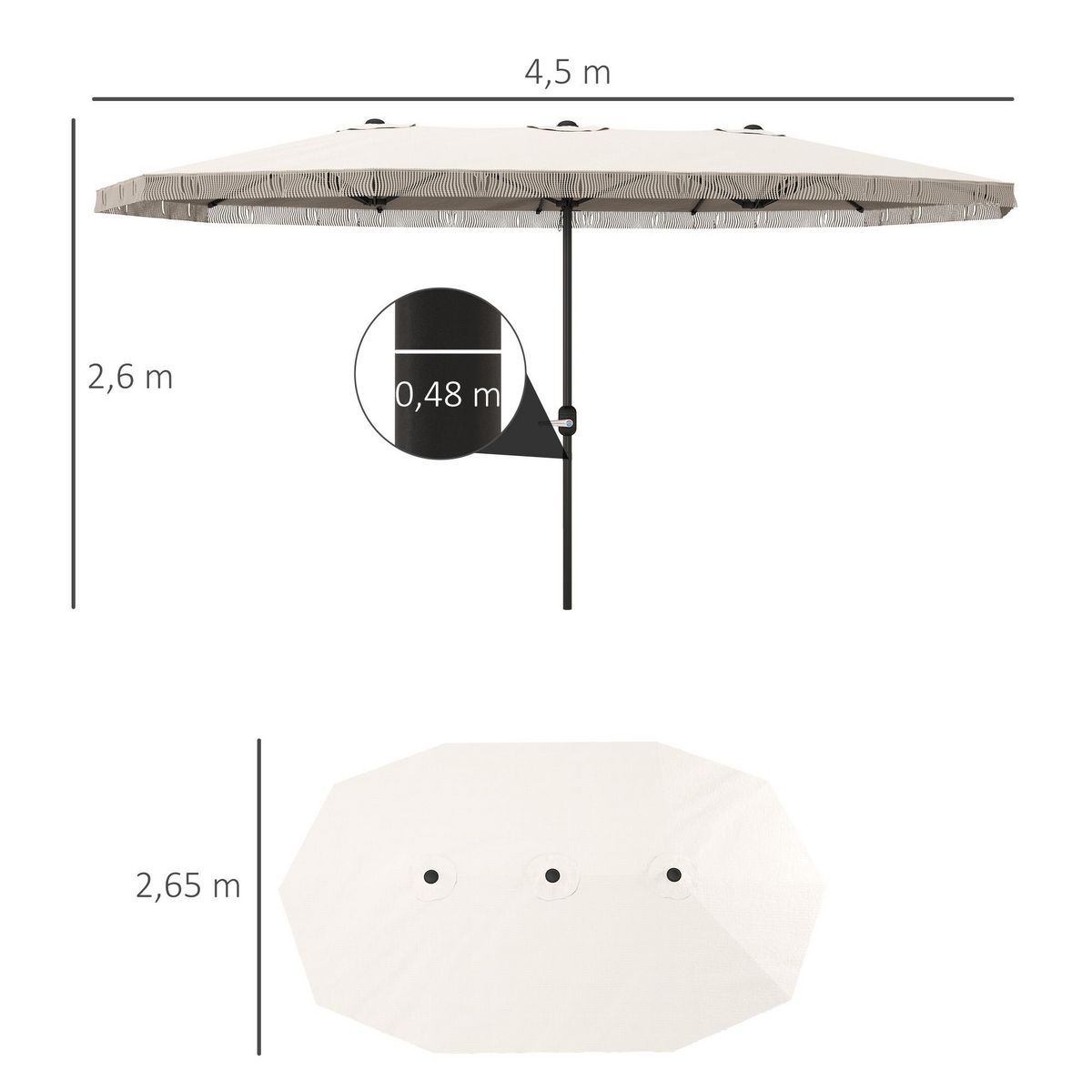 OUTSUNNY Parasol style bohème à franges XXL dim. 4,5 x 2,65 x 2,6 m ouverture fermeture manivelle métal tissu beige clair