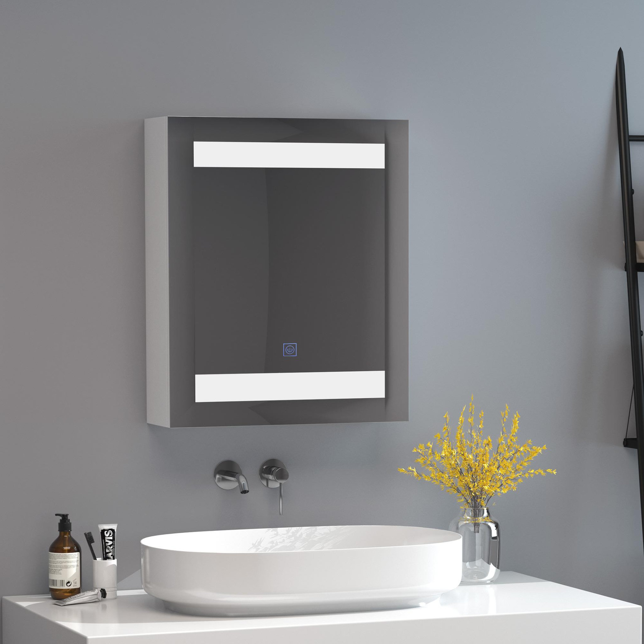 Voir la diapositive 2 : HOMCOM Miroir lumineux led armoire murale design de salle de bain 2 en 1 dim. 50l x 15l x 60h cm mdf blanc