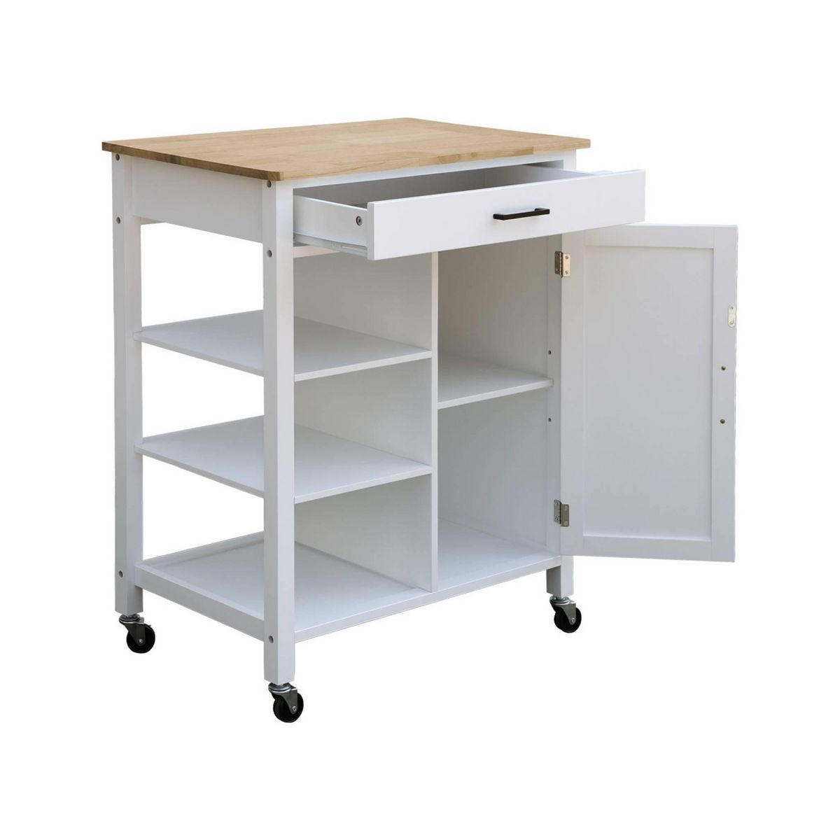 SWEEEK Desserte de cuisine BENDOR plateau en bois d'hévéa, 83 x 47 x 91 cm, 1 poignée, 4 roues, 1 tiroir, 5 étagères, 1 porte, style contemporain