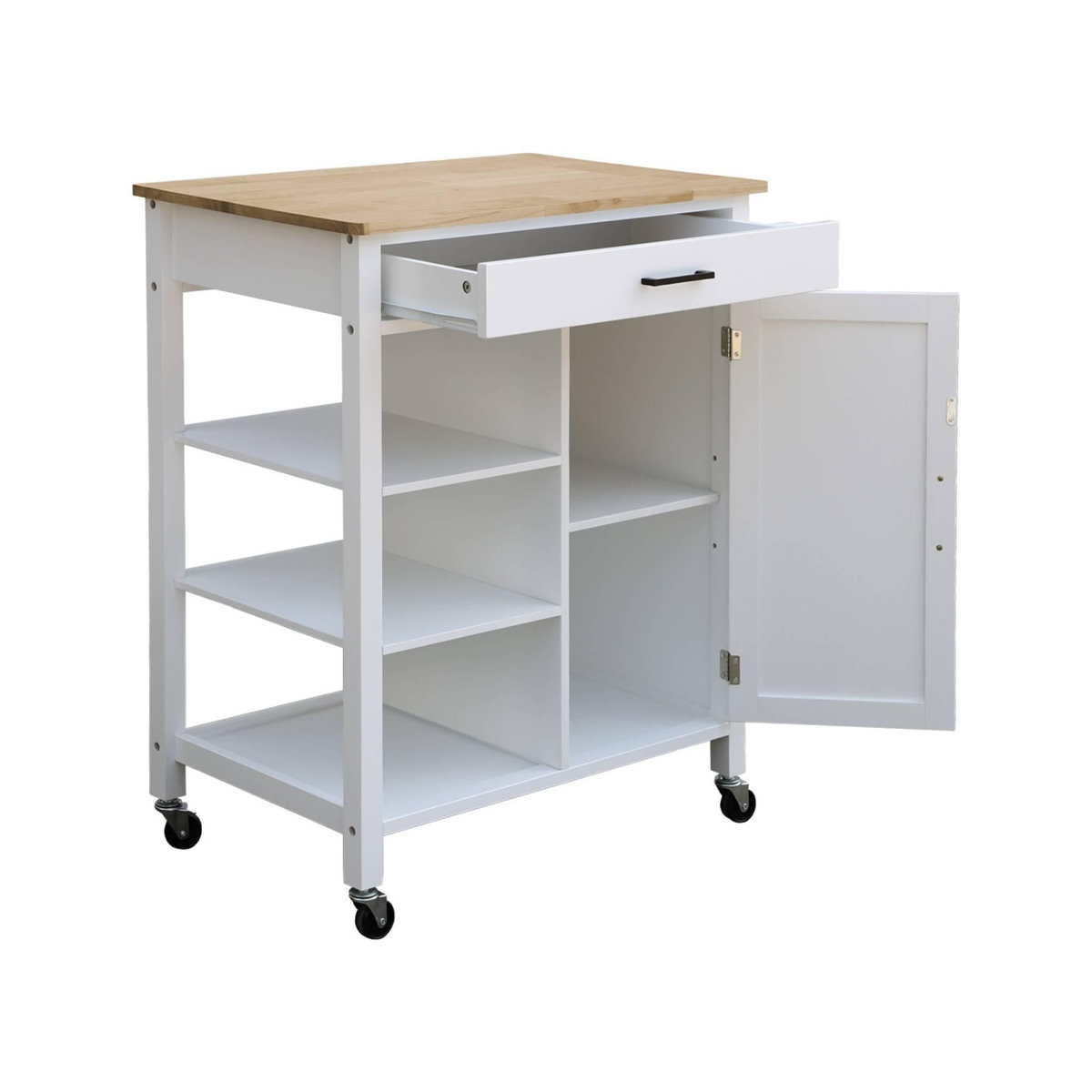 SWEEEK Desserte de cuisine BENDOR plateau en bois d'hévéa, 83 x 47 x 91 cm, 1 poignée, 4 roues, 1 tiroir, 5 étagères, 1 porte, style contemporain