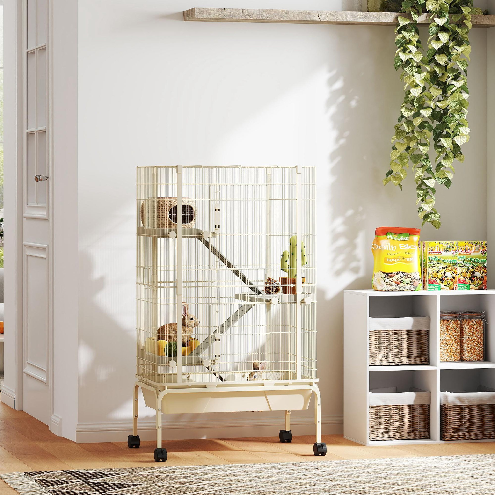 Voir la diapositive 2 : PAWHUT Cage mobile hamster rongeur furet 4 niveaux - 2 portes 3 rampes bac profond roulettes gamelle biberon - 69 x 44 x 120 cm - beige