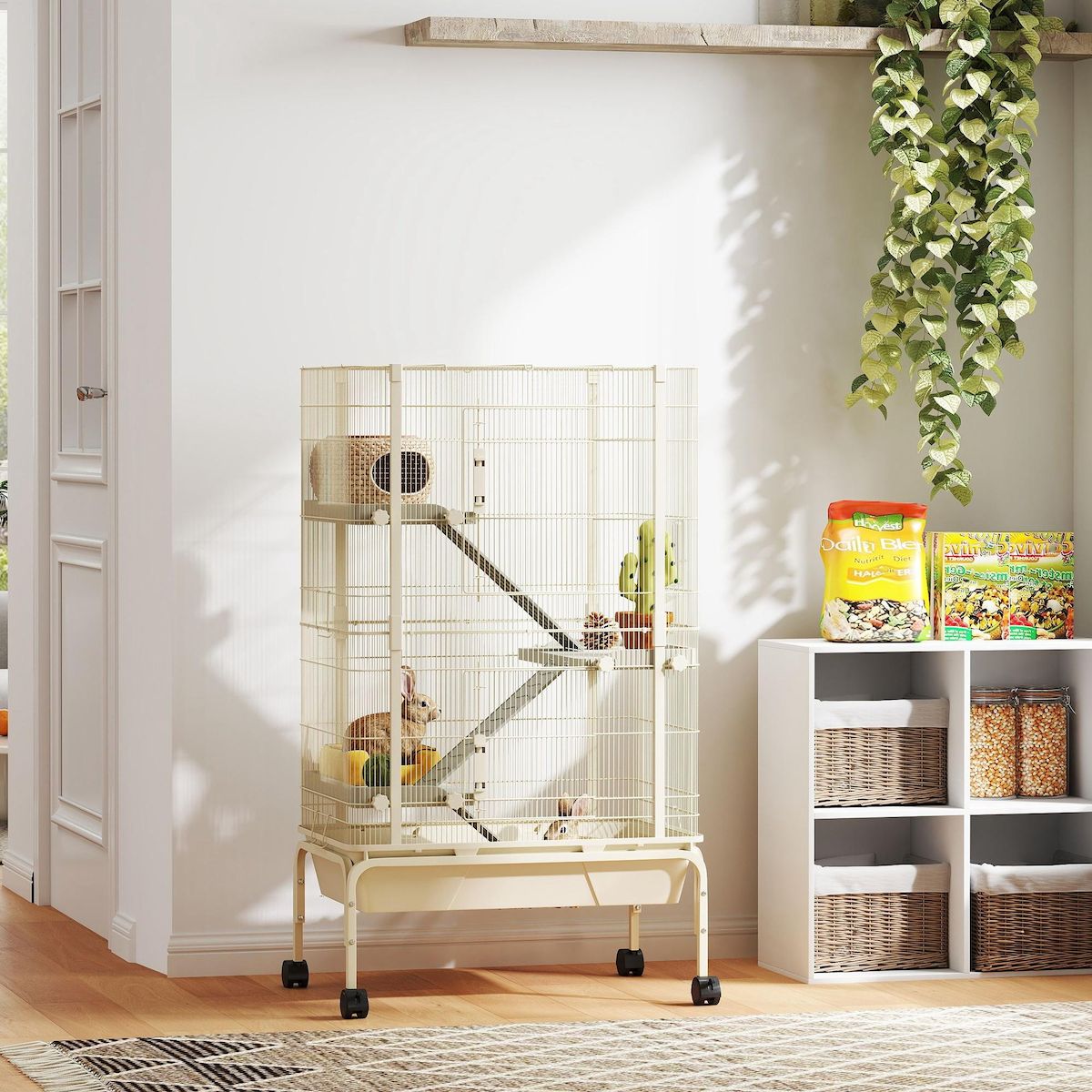 PAWHUT Cage mobile hamster rongeur furet 4 niveaux - 2 portes 3 rampes bac profond roulettes gamelle biberon - 69 x 44 x 120 cm - beige