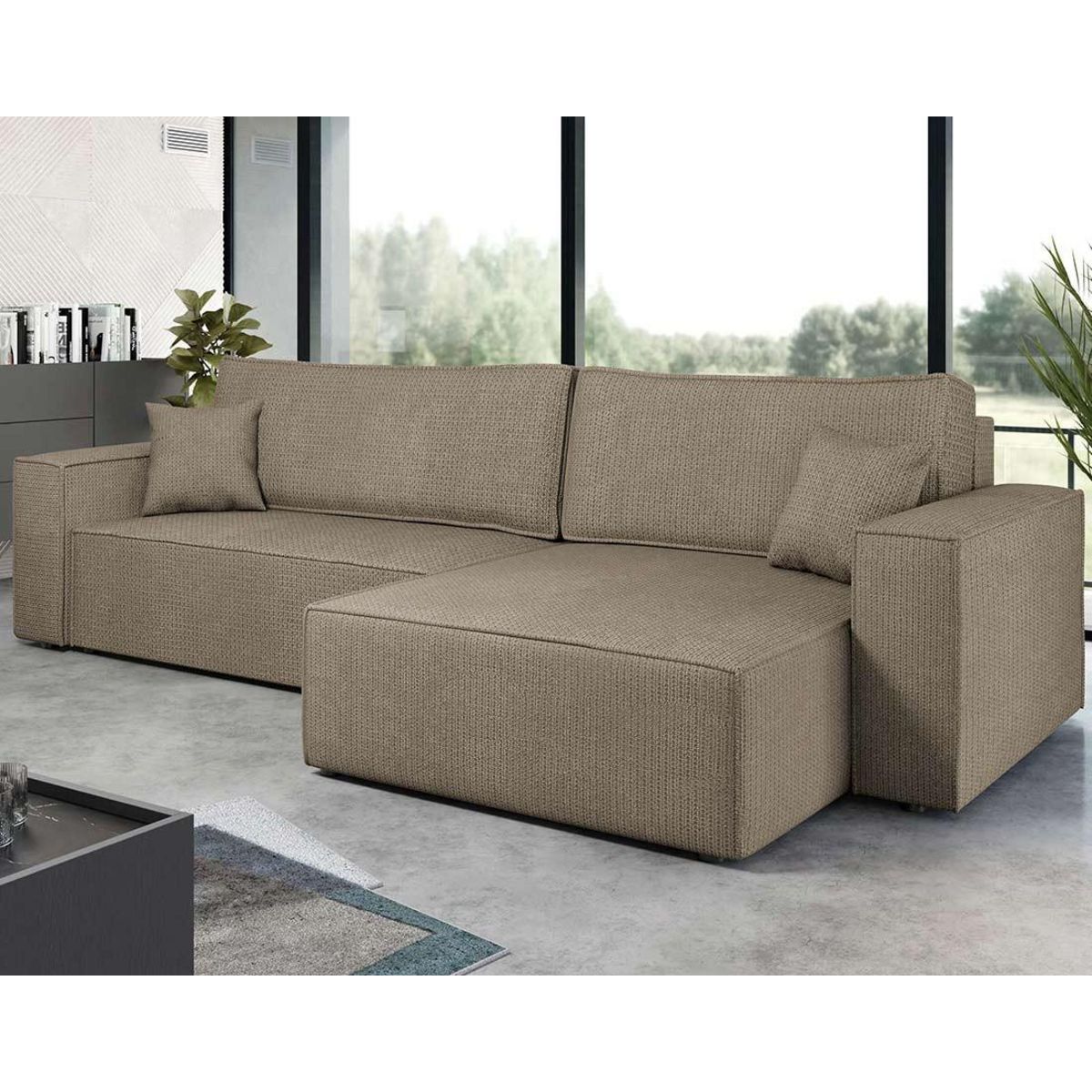 BEST MOBILIER Cezanne - canapé d'angle réversible 5 places convertible avec coffre en tissu texturé