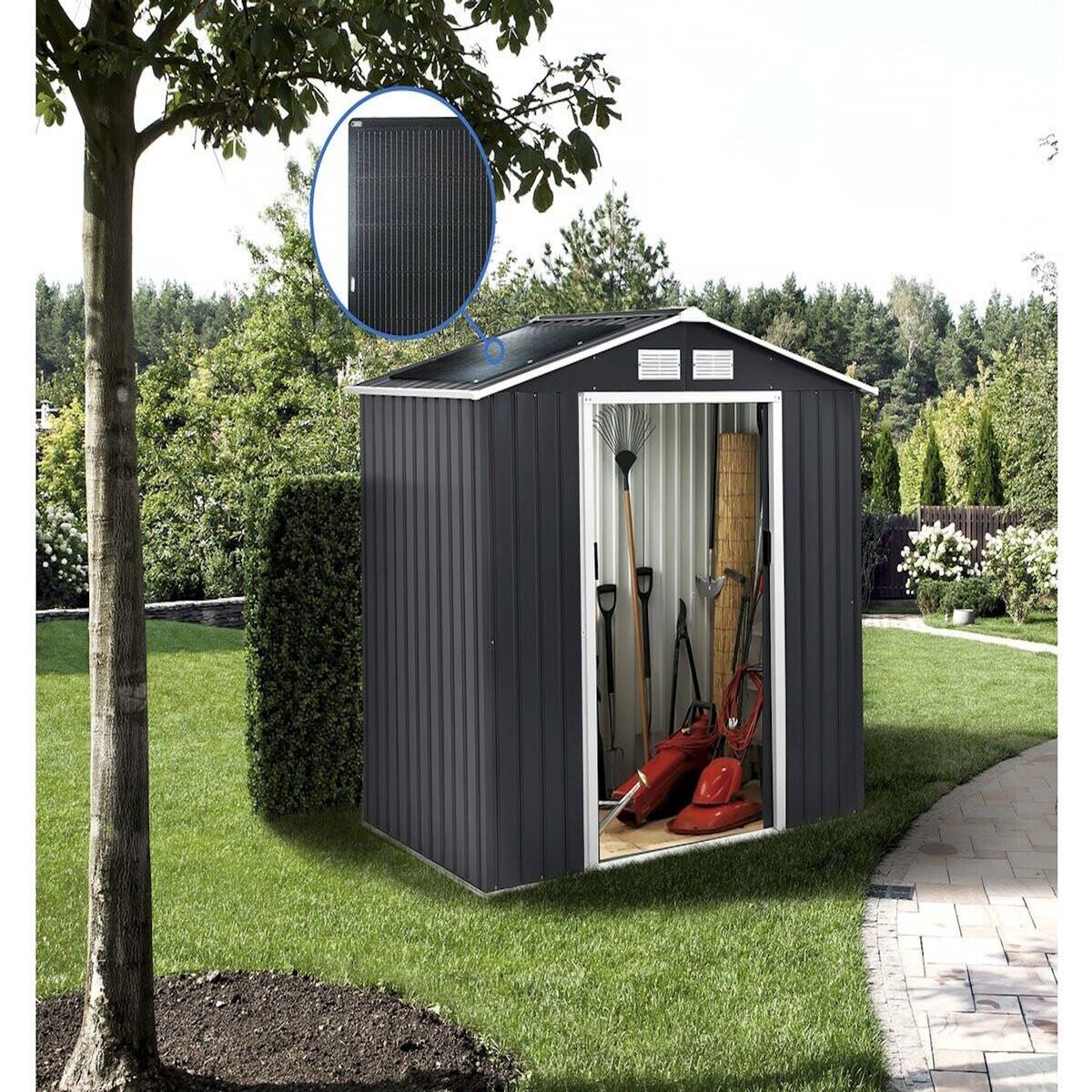 Habitat et Jardin Abri de jardin métal-  Vegas -  2.7 m² avec panneaux solaires - Gris