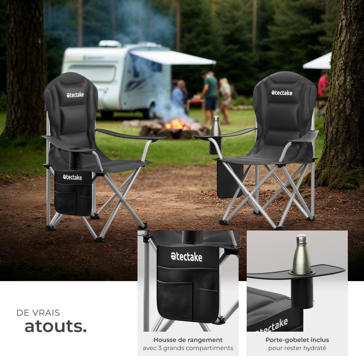 tectake Chaise de camping rembourrée pliable avec sac de transport inclus noir Ensemble de 2 pièces