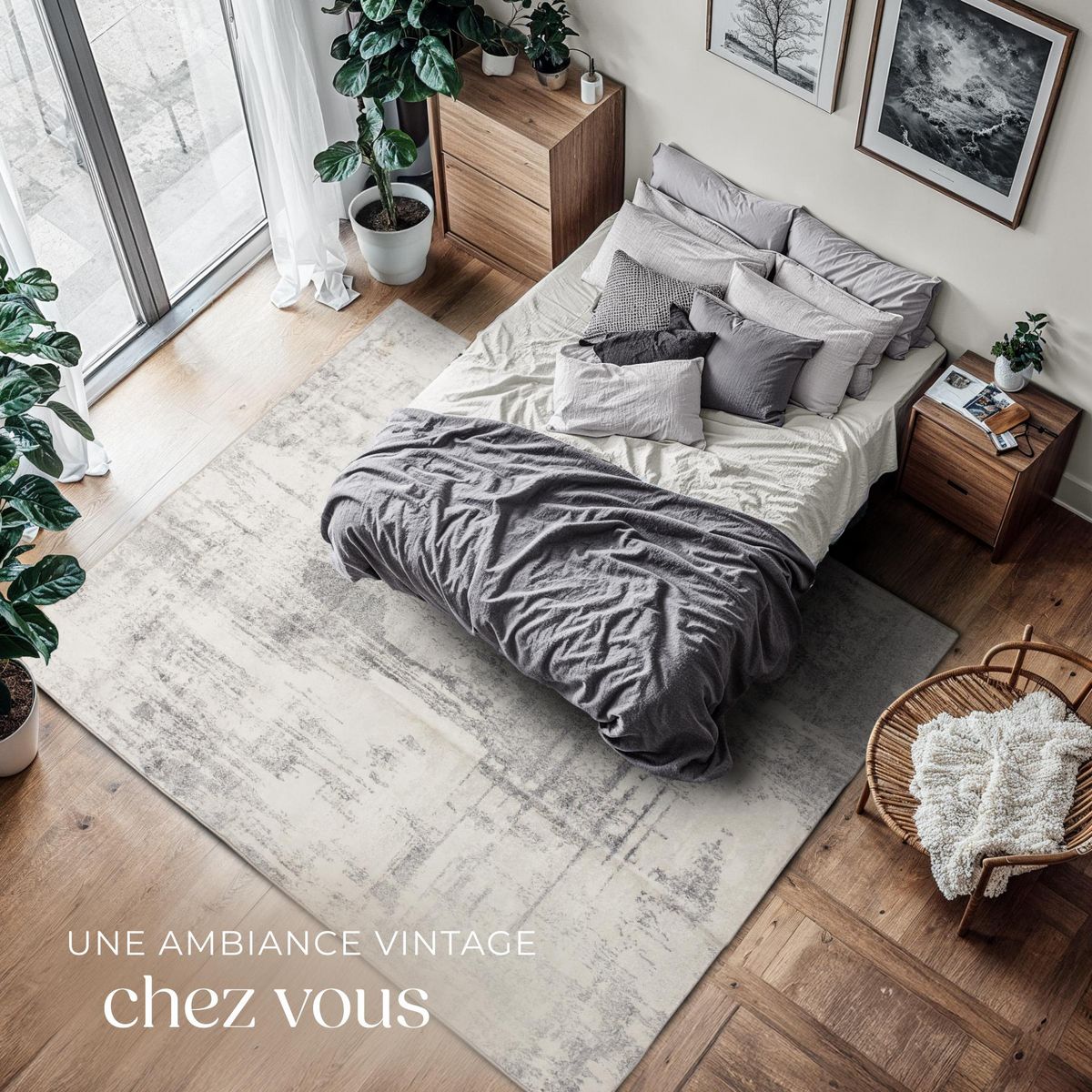 tectake Tapis design vintage à poils courts en laine synthétique et feutre beige/gris 200 x 274 cm