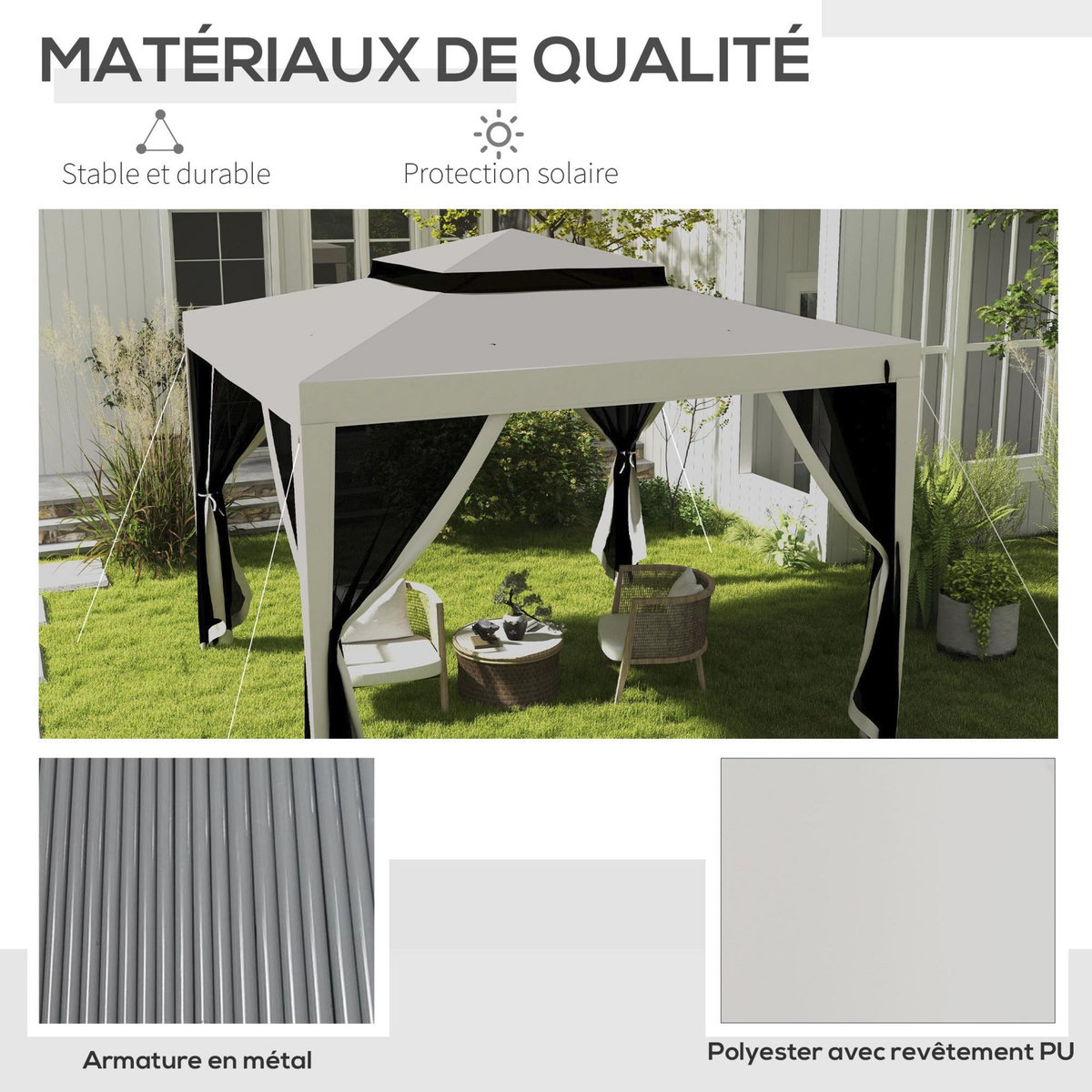 OUTSUNNY Tonnelle barnum de jardin 3L x 3l m avec 4 moustiquaires amovibles - double toit - métal polyester blanc cassé