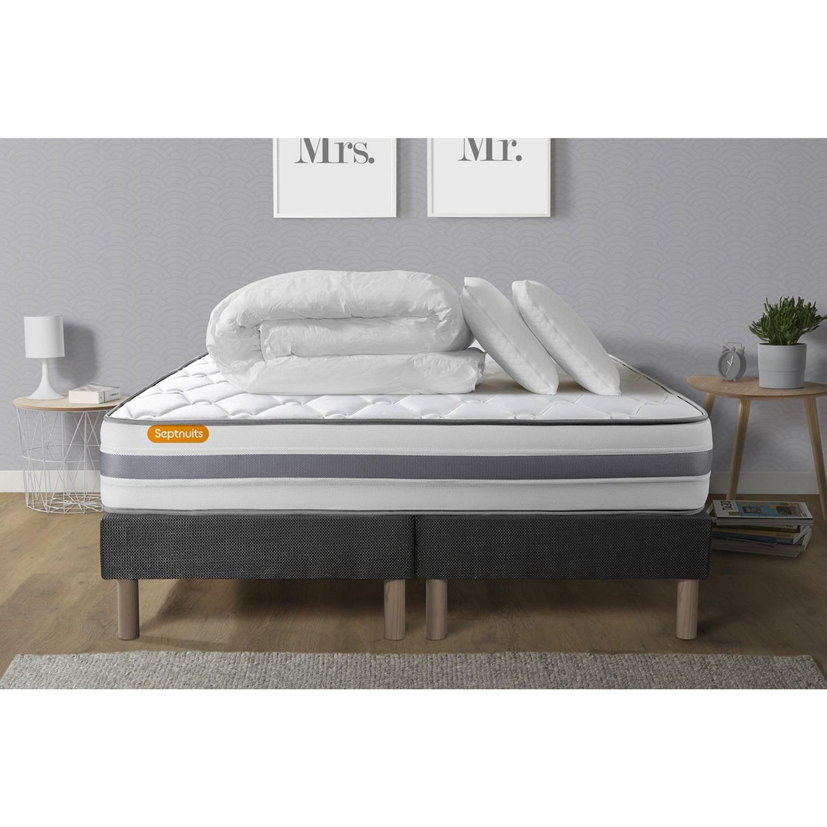 SEPTNUITS Pack matelas + double sommiers gris Memo Spring Ressorts ensachés 3 zones MAXI épaisseur + Couette + 2 oreillers