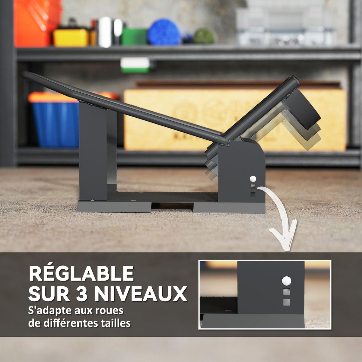 HOMCOM Bloque roue à fixer - bloque roue moto réglable - pneus de 3 à 8 pouces - acier noir