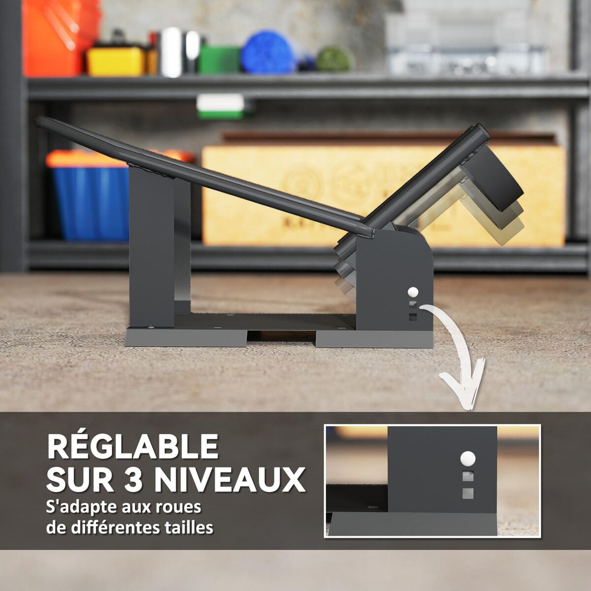 HOMCOM Bloque roue à fixer - bloque roue moto réglable - pneus de 3 à 8 pouces - acier noir