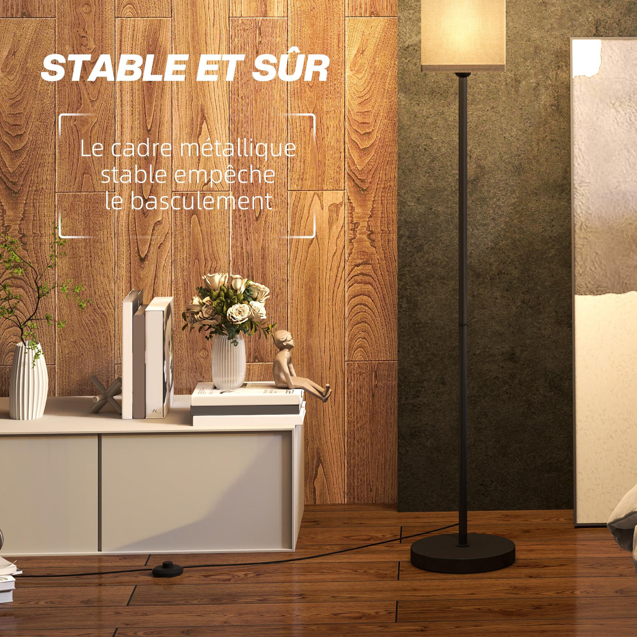 Voir la diapositive 6 : HOMCOM Lampadaire droit style contemporain h.161 cm métal noir abat-jour beige effet lin