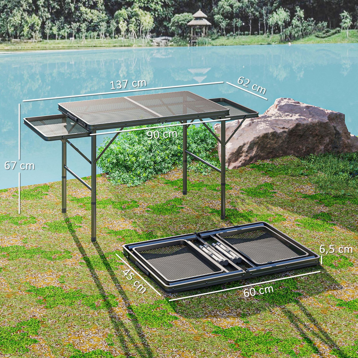 OUTSUNNY Table de camping pliante portable hauteur réglable 2 étagères piètement alu maille métal noir