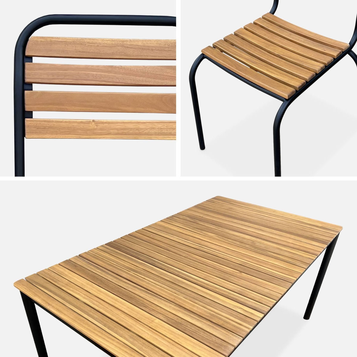SWEEEK Table de jardin bois d'acacia et acier + 6 assises TABARA. acier et bois d'acacia FSP