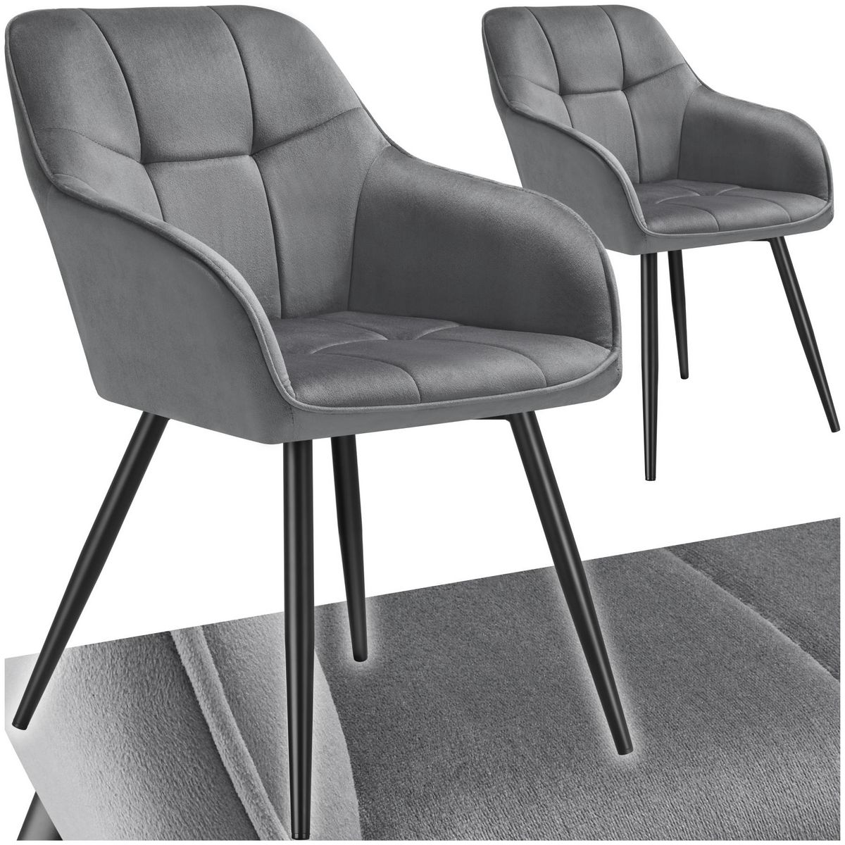 tectake Chaise de salle à manger rembourrée et en velours matelassé gris/noir Lot de 2