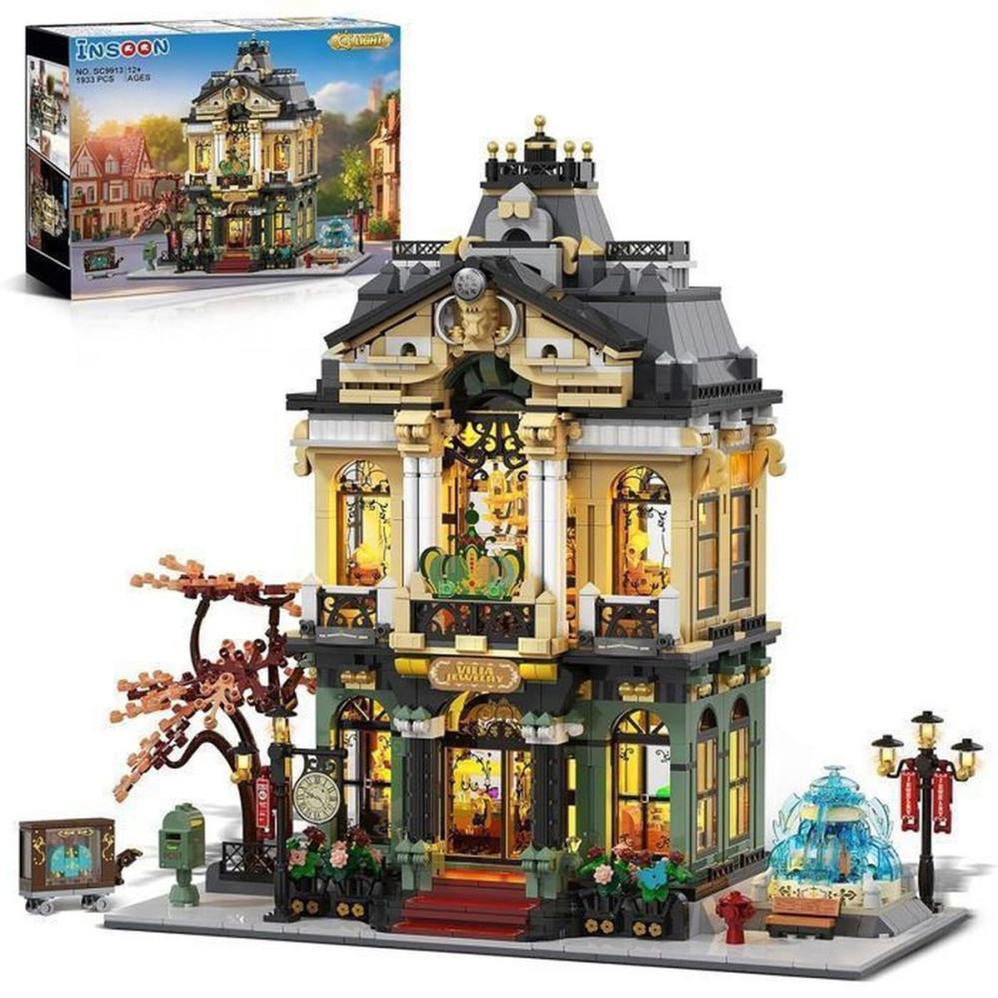 Jeu de construction modulaire Magasin de bijoux, maison urbaine à 2 étages avec LED intégrées, 1933 pièces, style européen baroque