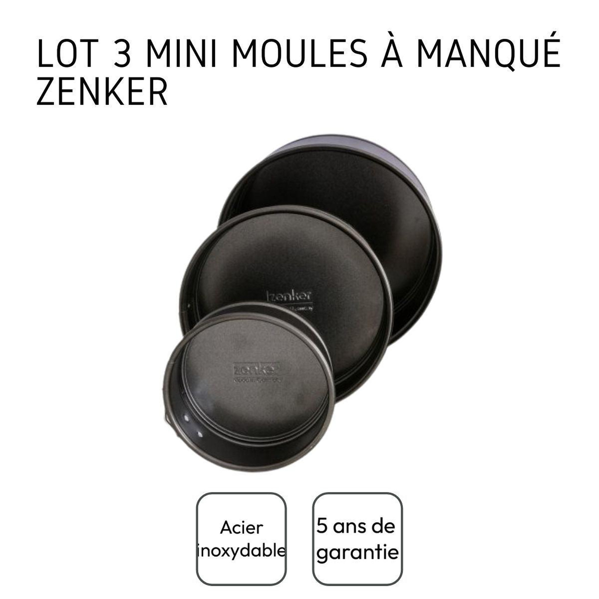 Voir la diapositive 4 : ZENKER Set de 3 mini moules à manqué à charnière 12cm + 16cm + 18cm zenker spécial mini